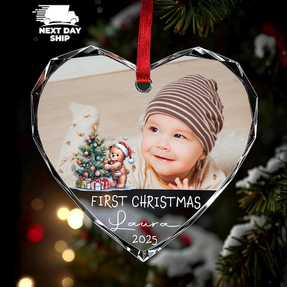 Cute First Christmas Baby Ornament, 2026 Baby  Photo Ornament, Newborn Name and Picture Keepsake, New Parents First Xmas Gift, Grandkid Gift