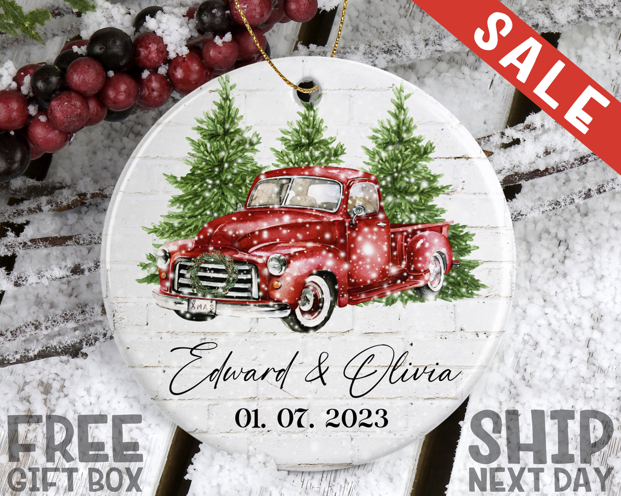 Red Truck Christmas Ornaments, Custom Couples Ornament, Family Christmas Gifts, First Home Ornament, Handwriting Ornament, Ceramic Ornament