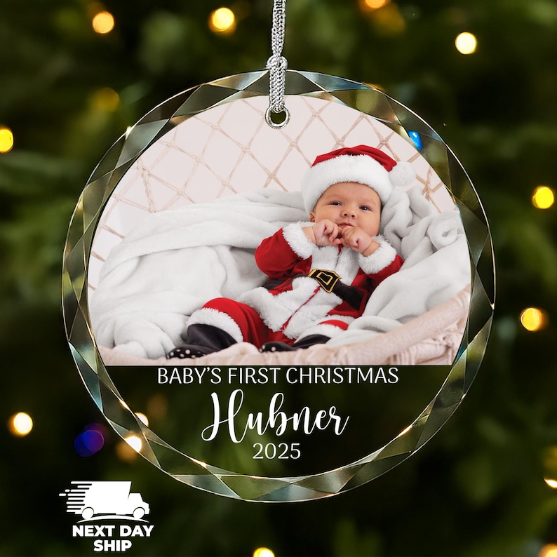Adorno navideño personalizado para la primera Navidad del bebé, regalos de recuerdo para bebés, adorno navideño familiar, regalos para la primera Navidad, adorno con foto personalizada Glass