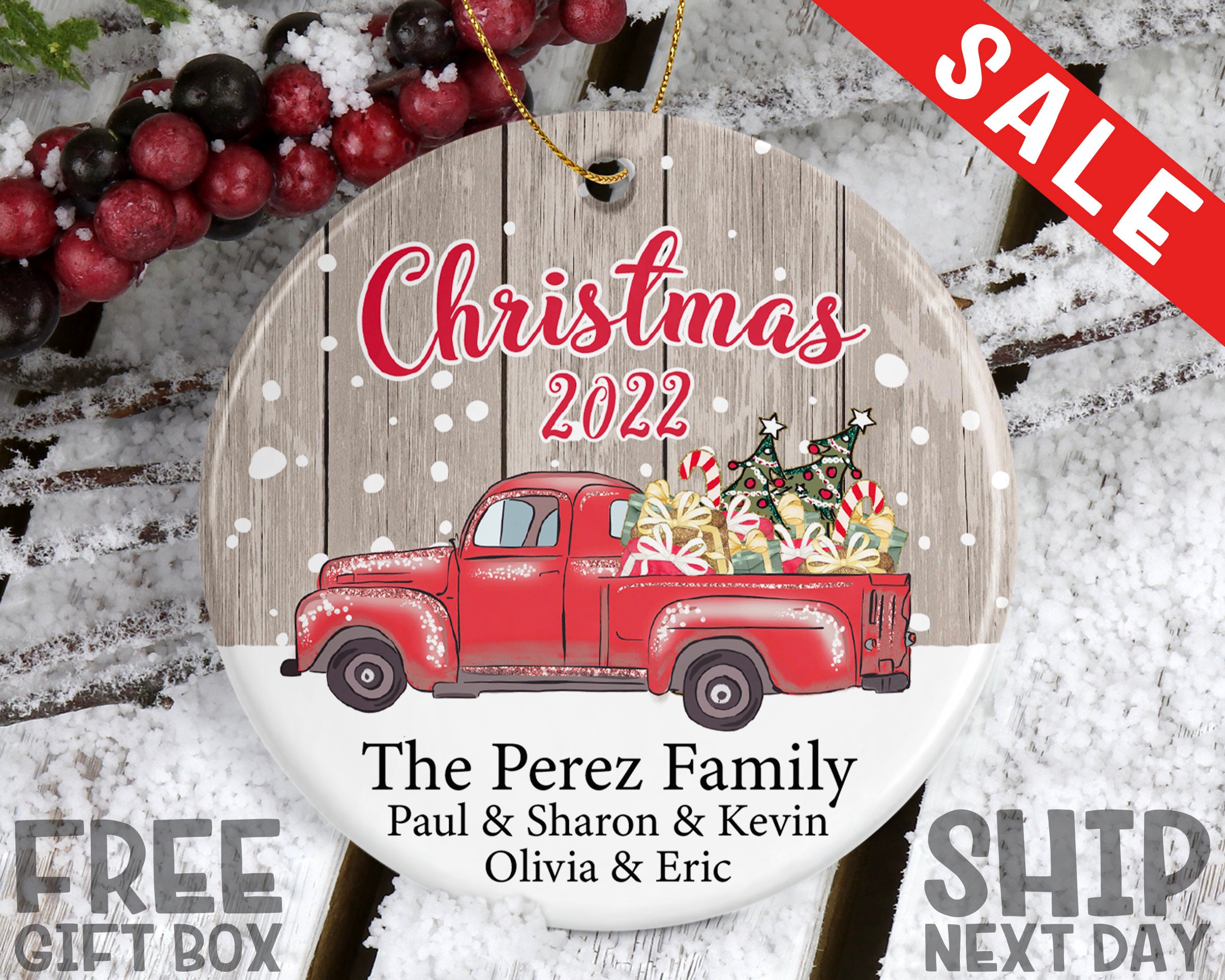 Personalized Red Truck Christmas Ornament, Christmas Gift, Customized Family Name Ornament, Christmas Keepsake, Kids Name Ceramic Ornament