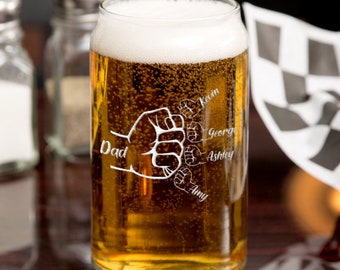 Personalized Beer Mugs for Dad, Fathers Day Gifts, Engraved Beer Glasses, Custom Father and Son Fist Bump Glasses, Etched Glasses for Him