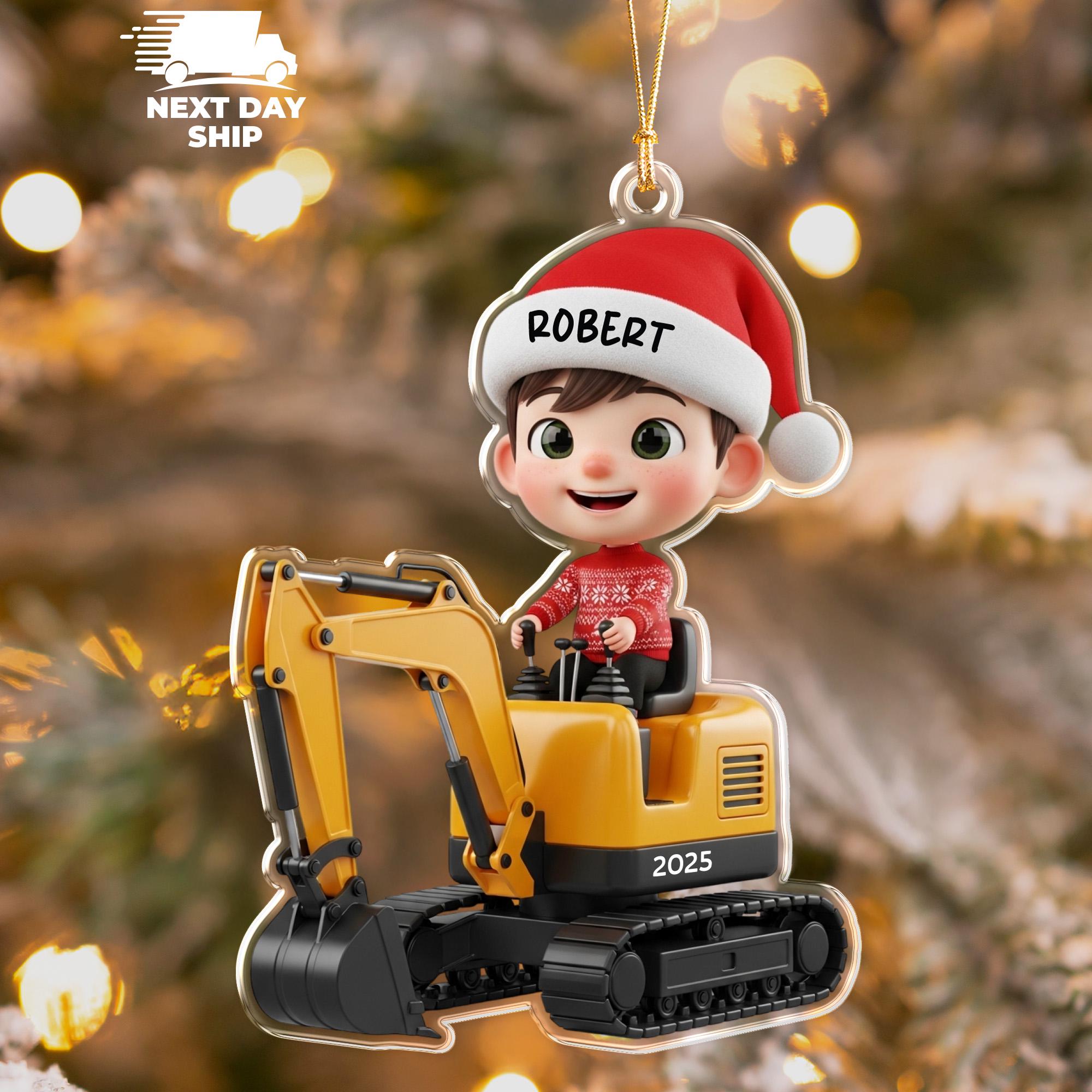 Cute Boy Excavator Ornament, Construction Kids Keepsake, Baby Boy Ornament, Acrylic Christmas Tree Decor, Stocking Stuffer for Boys