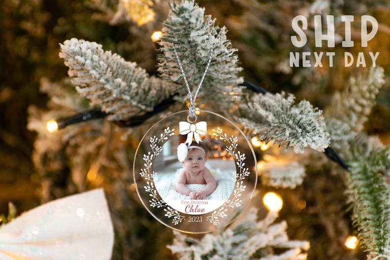 Personalized Baby Photo Ornament for First Christmas, Holiday Gifts, Xmas Gift, New Year Gifts, Custom Baby Name Ornament, Keepsake Ornament image 1