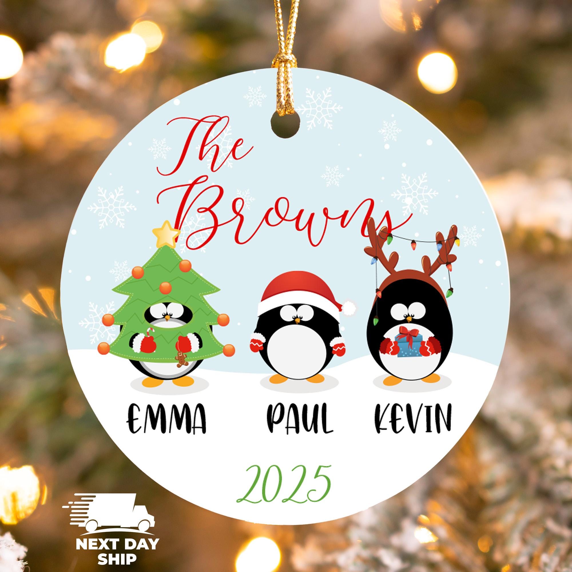Personalized Penguin Family Ornament, Family of Three Ornament, Custom Name Ornament, Ceramic 2025 Ornament, Funny Family Keepsake with Name