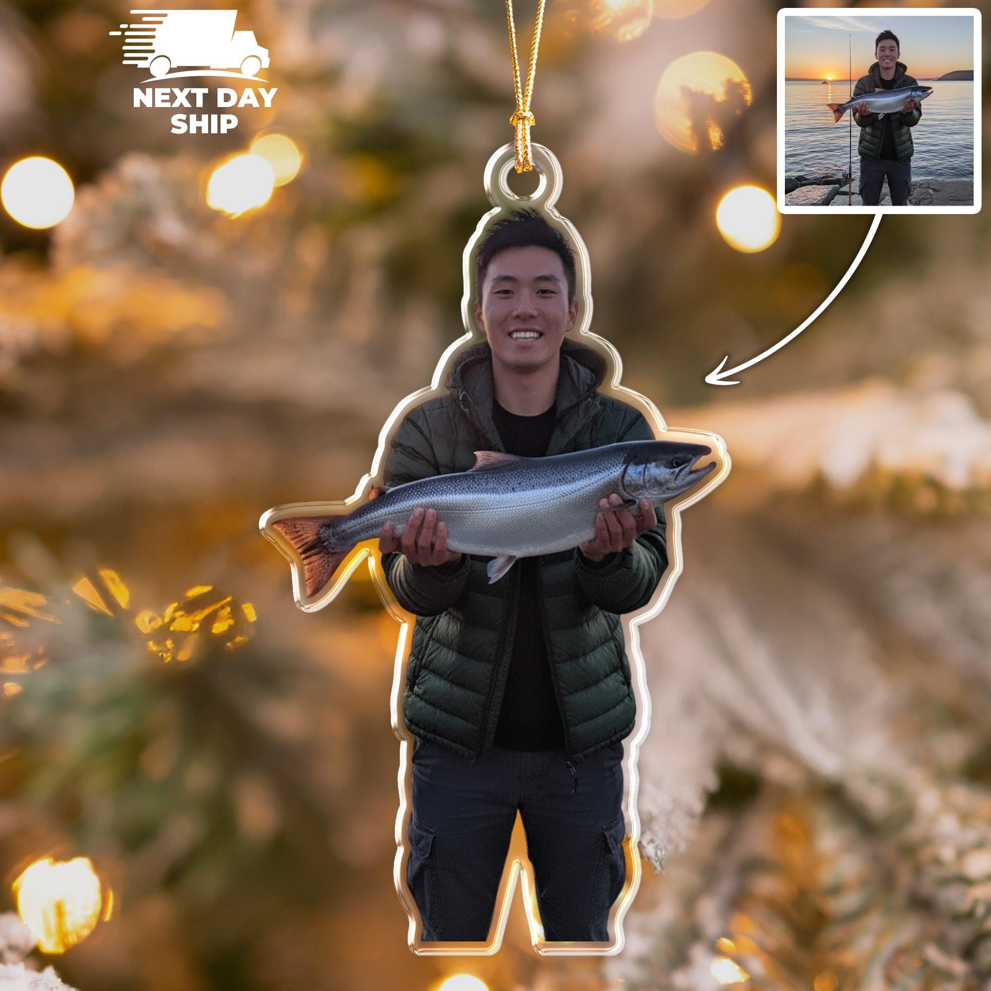 Custom Photo Fishing Ornament, Personalized Fish Hunting Ornament, Fishing Lover Gift, Fishing Fan Picture Ornament, Gift For Fishing Dad