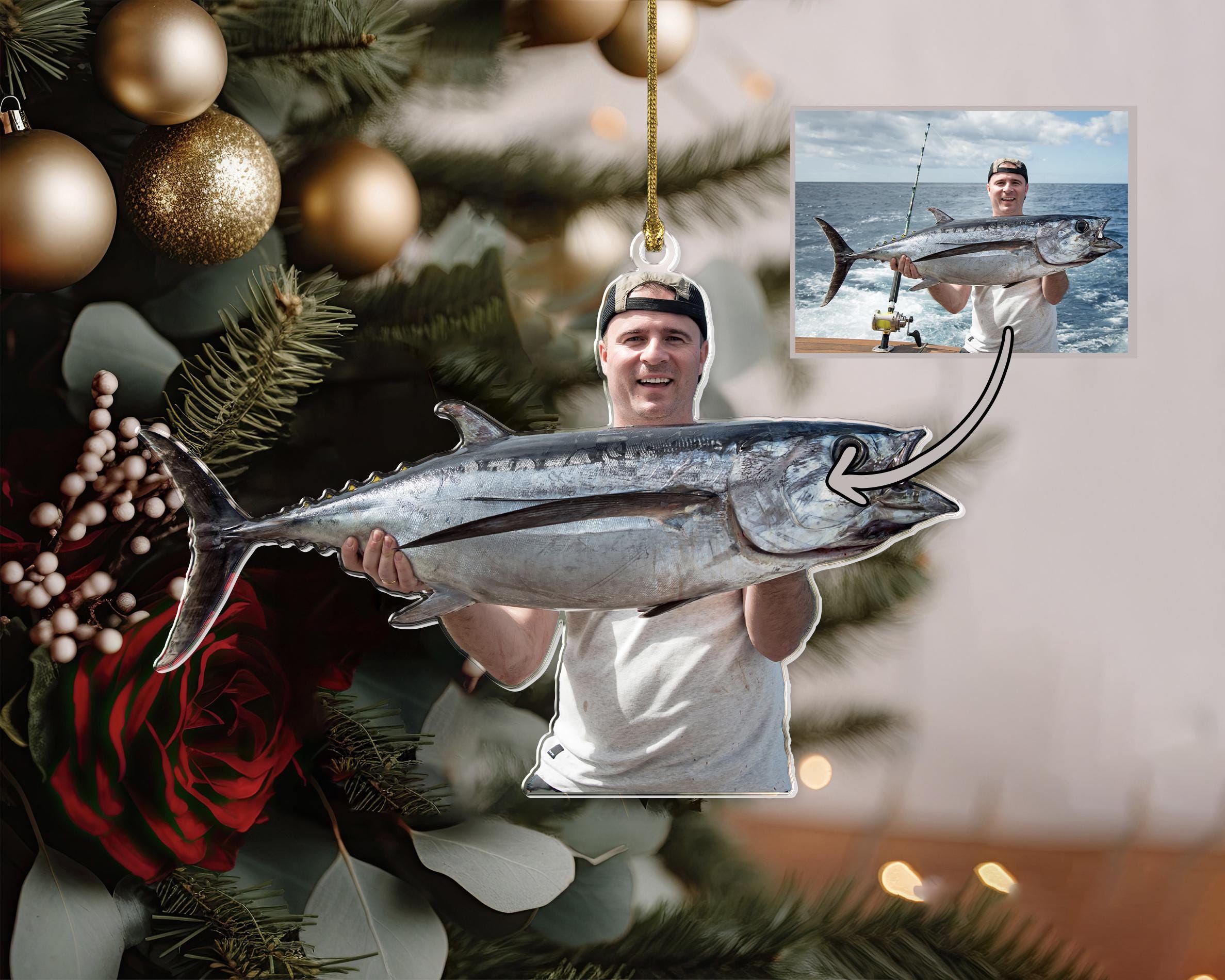 Custom Photo Fishing Ornament, Personalized Picture Fish Hunting Ornament, Fishing Lover Gift, Fishing Fan Ornament, Gift For Dad, Fish Love