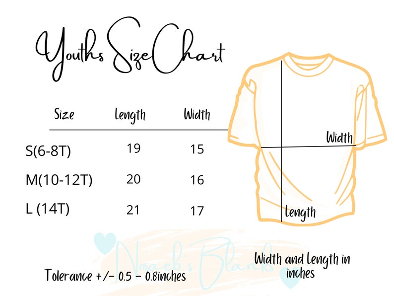 Puede incluir: Una tabla de tallas para camisetas para ni&ntilde;os con medidas en pulgadas para la longitud y el ancho. La tabla muestra las tallas S (6-8T), M (10-12T) y L (14T). La tolerancia es de +/- 0,5 - 0,8 pulgadas.