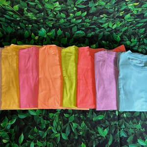 Puede incluir: Diez camisetas lisas en una variedad de colores, incluyendo marr&oacute;n claro, amarillo, rosa, naranja, verde, rojo, morado y azul claro. Las camisetas est&aacute;n dispuestas en una fila sobre un fondo verde de hojas.