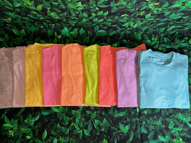 Puede incluir: Diez camisetas lisas en una variedad de colores, incluyendo marr&oacute;n claro, amarillo, rosa, naranja, verde, rojo, morado y azul claro. Las camisetas est&aacute;n dispuestas en una fila sobre un fondo verde de hojas.
