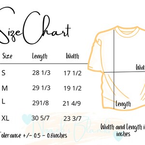 Op de afbeelding: Maattabel voor een T-shirt met afmetingen in inches. De tabel toont de maat, lengte en breedte van het T-shirt in inches. De tolerantie is +/- 0,5 - 0,8 inch.