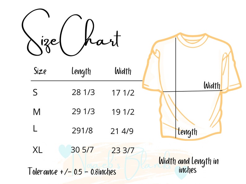 Op de afbeelding: Maattabel voor een T-shirt met afmetingen in inches. De tabel toont de maat, lengte en breedte van het T-shirt in inches. De tolerantie is +/- 0,5 - 0,8 inch.