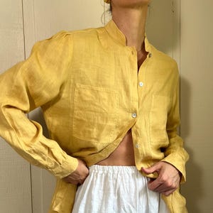 Vtg Yellow Linen Shirt, Vintage Womens Linen Shirt, Mustard Yellow Button Front Top, Collared Shirt Blouse