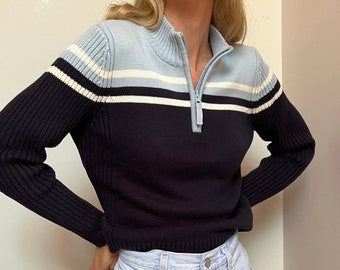 Vtg Cotton Polo Sweater Knit, Vintage Sky Blue Navy White Cotton Sport Sweater, 1/4 Zip Pullover Knit, Collared Sweater