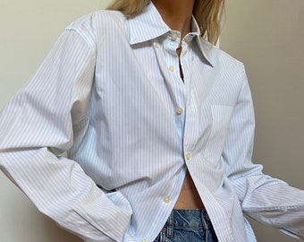 Vtg Tommy Hilfiger rayas azules y blancas botones de manga larga, camisa de algodón de gran tamaño, polo con botones en la parte superior, Boyfriend Oxford