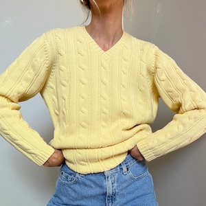 Vtg Lands End CableKnit Sweater, Vintage Butter Yellow Cotton Fisherman Knit Sweater, 90s Pullover Cotton Sweater