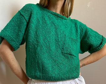Vtg 80s Liz Claiborne Chunky Cotton Short Sleeve Sweater, Boxy Cotton Knit, Kelly Green Pullover Knit