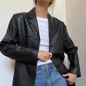 Vtg Leather Blazer Jacket, Vintage Black Short Trench Coat, 90s Y2K Black Leather Jacket