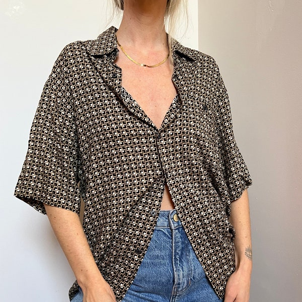 Vtg Boxy Blouse, Vintage Green Black Tan Short Sleeve Button Up Shirt, Menswear Relaxed Blouse Shirt