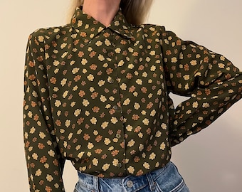 Vintage Floral Blouse, Feminine Blouse, Olive Green Beige Orange Oxford Blouse, Cottage Core