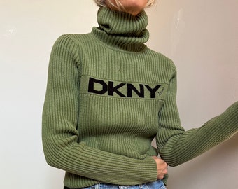 Vtg DKNY Active Cotton Turtleneck Sweater, Vintage Y2K Chunky Green Logo Knit, Green and Black Pullover Knit, Turtleneck Jumper