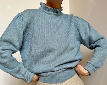 Vtg 80s Ruffle Mockneck Knit, Vintage Blue Mockneck Sweater, Feminine Cottage Core Knit