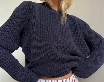 VTG 80er Jahre Gerippter Baumwollpullover, Vintage Baumwolle Ramie Marine Blau Strukturiert Rundhalsausschnitt Strick, Pullover Herren Strickpullover, Übergroßer Baumwollpullover