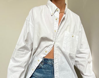Vtg Bugle Boy blanco manga larga abotonada, camisa vintage de gran tamaño de algodón para hombre de los años 90, parte superior con botones, Boyfriend Oxford