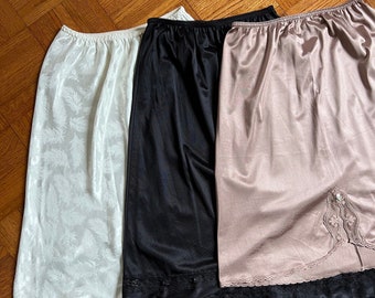 Vtg Slip Skirt, Vintage 80s/90s White Black Brown Lingerie Skirt, Lace Knee Length Skirt