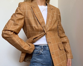 Vtg Talbots Seidenwolle Blazer, Vintage Camel Braun und Weiß Box Plaid Sportmantel, Brauner Damen Blazer