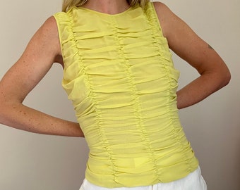 Vtg 80s Silk Ruched Tank, Vintage Bright Yellow Formal Top, Vintage Party Top, Sexy Designer Tank, Silk Blouse