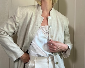 VTG jaren 90 linnenmix blazer, vintage lange blazer met doornkraag en abalone schelpknopen, Academia beige linnen sportjas