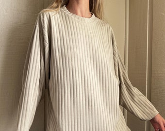 Vtg EXPRESS Trikot Crewneck Dolman Sleeve T-shirt, Vintage 90-tals Beige Ribbad Oversized T-shirt, 90-tals Lounge Långärmad