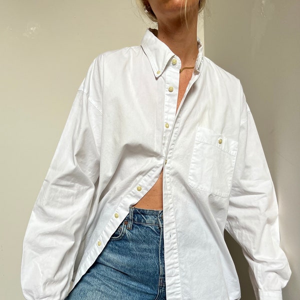 Vtg Bugle Boy White Long Sleeve Button Up, Vintage 90s Men’s Cotton Oversized Shirt, Button Down Top, Boyfriend Oxford