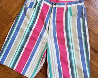 Vtg 80er Jahre Oscar De La Renta Denim Short, Vintage Designer Bunte Bonbon Streifen Hohe Taille Denim Short, Bunte Jeans Kurz
