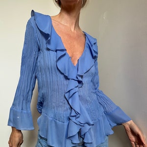 Vtg Sheer Ruffle Blouse with Bell Sleeve, Vintage Periwinkle Blue Pleated Blouse, Romantic Ruffled Blouse