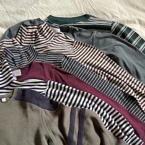 Vtg Long Sleeve Basic Tees, Vintage White Brown Green Red Striped Crewneck Mockneck T Shirt, 90s Long Sleeve Top