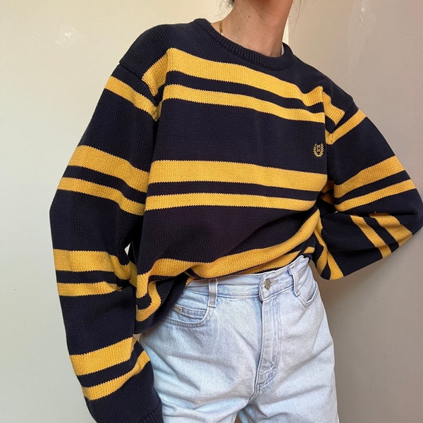 Vtg Chaps Striped Cotton Sweater, Vintage Navy Blue and Yellow CrewNeck Knit, Pullover Men’s Knit Jumper, Oversized Cotton Sweater