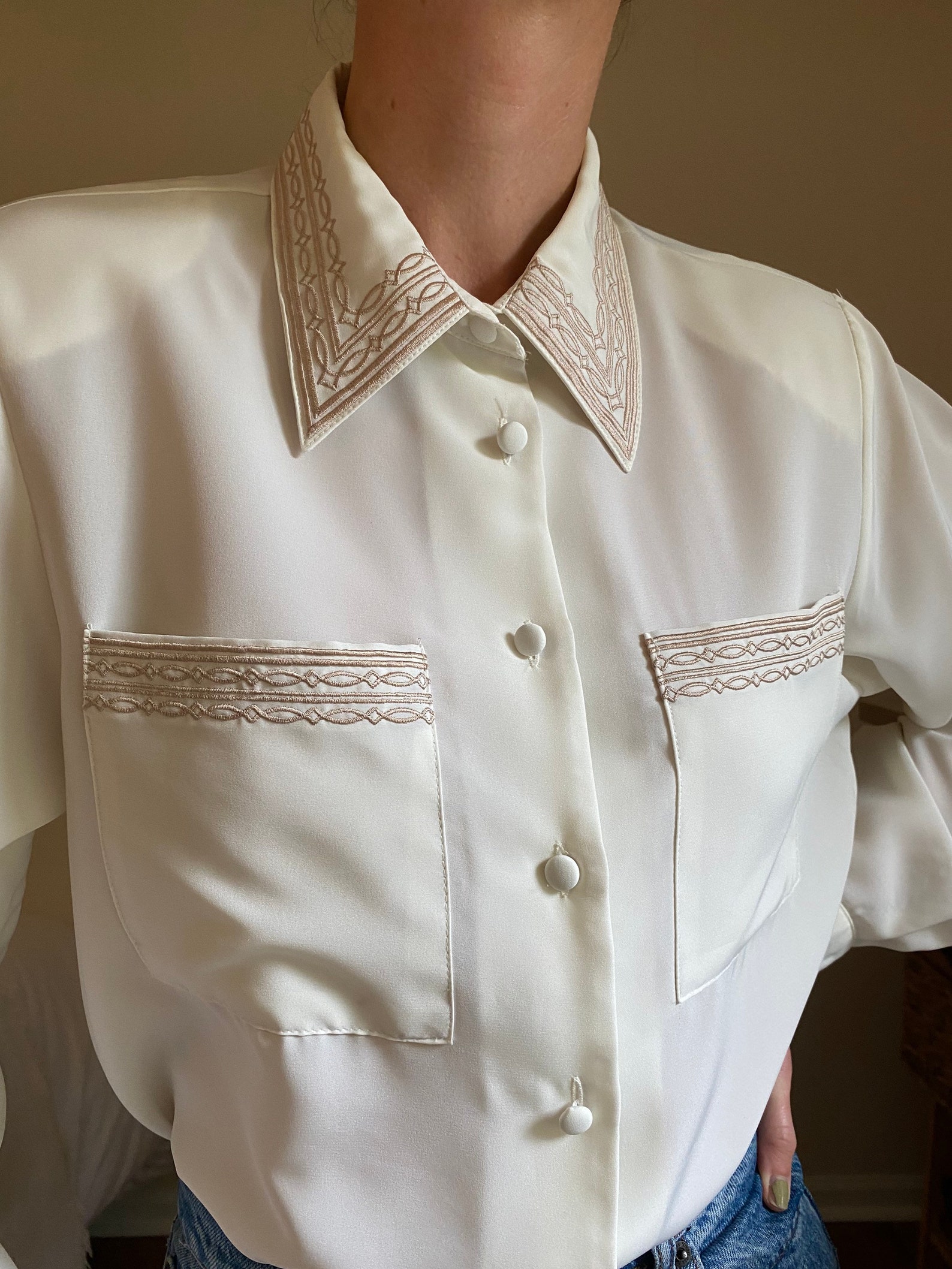 Vintage White Embroidered Collar Blouse 80s White Blouse Etsy