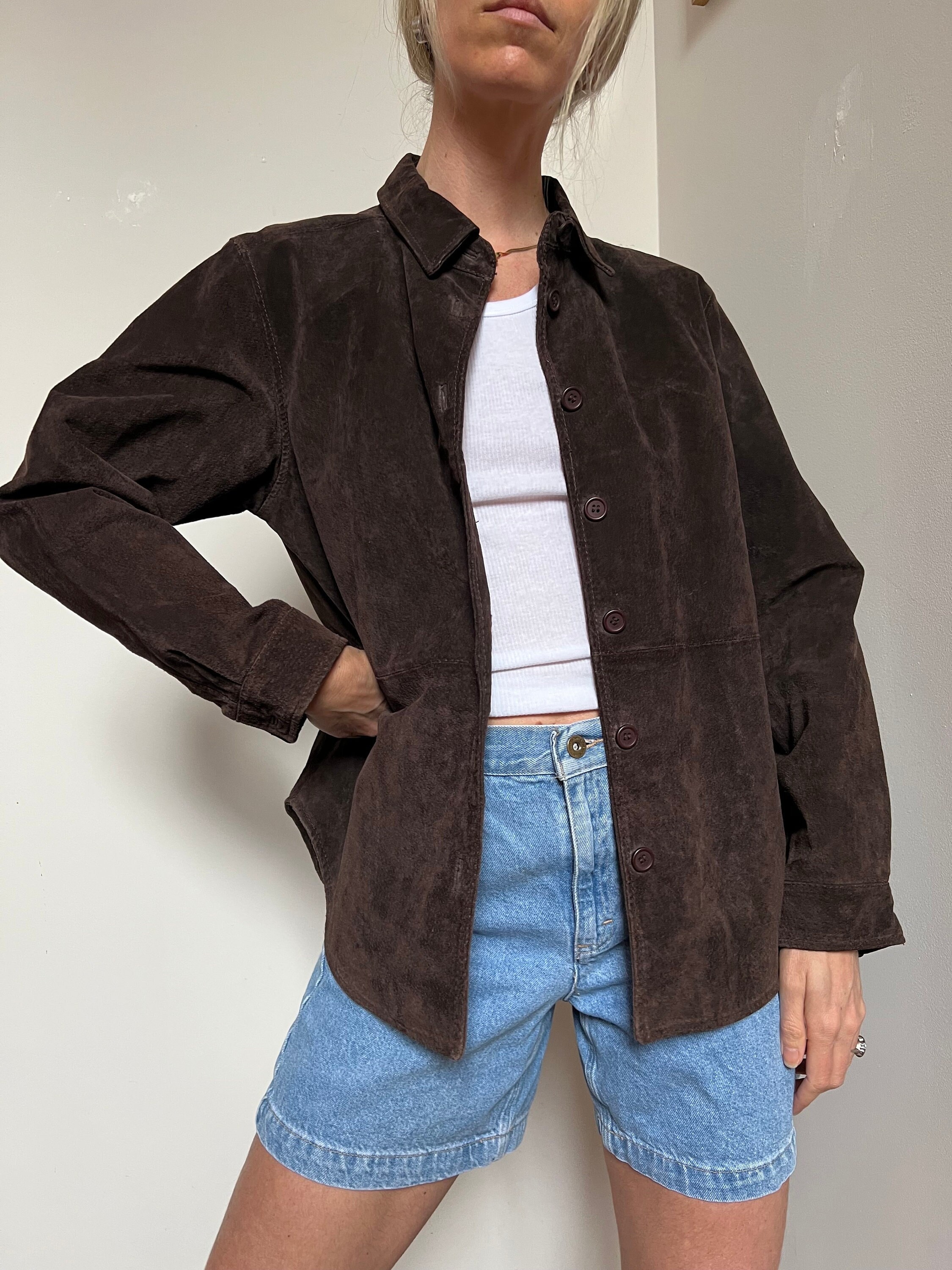 Vtg 90s Suede Leather Jacket, Vintage Chocolate Brown Suede