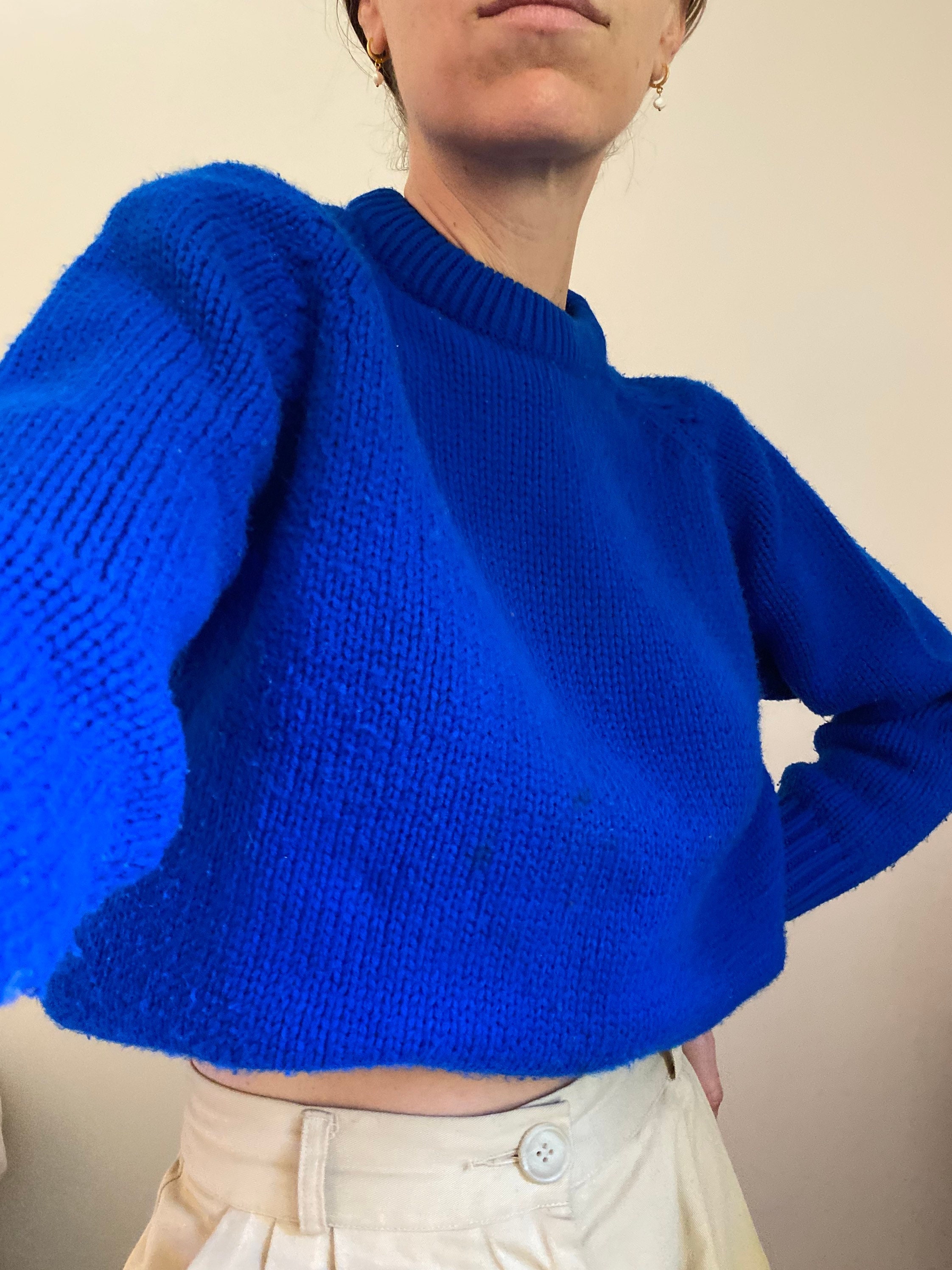 Vintage Bold Blue Mockneck Sweater Chunky Electric Blue Sweater Petite Knit Etsy