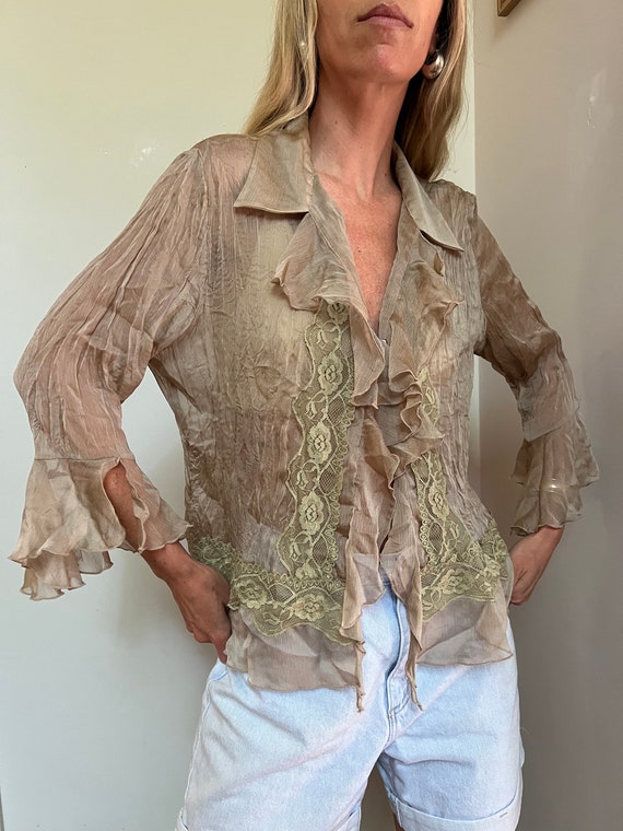 Vtg Sheer Ruffle Blouse with Bell Sleeve, Vintage 