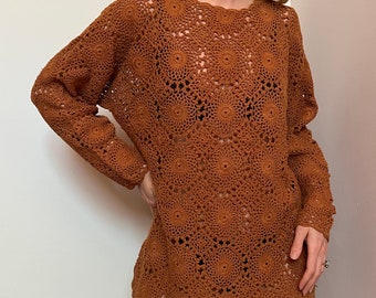 Vtg Hand-Knit Crochet Tunic Top, Vintage Tobacco Brown Open Knit Long Sleeve Sweater, Macrame Sweater Coverup Dress