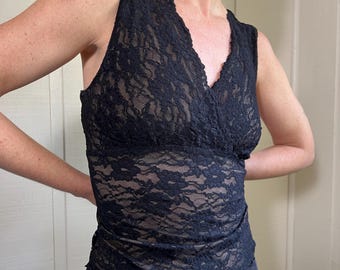 Vtg Lace Top, Vintage White and Black Lace Tank, Fitted Surplice Party Top, Black and White Sheer Tank