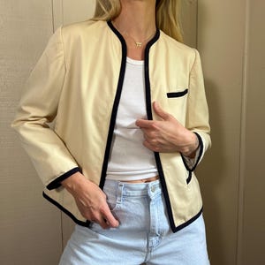 Vtg French Blazer, Vintage 80s J. Tiktiner Nautical Crop Collarless Blazer, Academia Butter Yellow Ivory and Navy Blue Sport Coat
