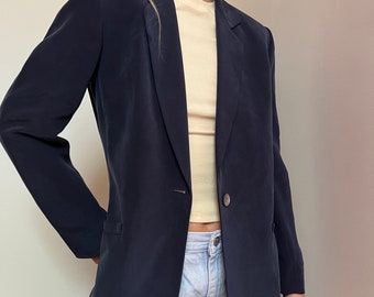 Blazer en soie bleu marine VTG, blazer en soie Liz Claiborne vintage, manteau sport bleu marine an 2000, blazer structuré pour femme