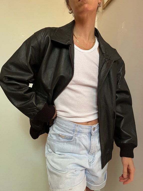 Vtg Leather Bomber Jacket, Vintage Black Leather F