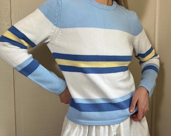 Jersey vintage de algodón a rayas, jersey vintage de punto acanalado azul, blanco, amarillo y azul marino, jersey de cuello redondo.