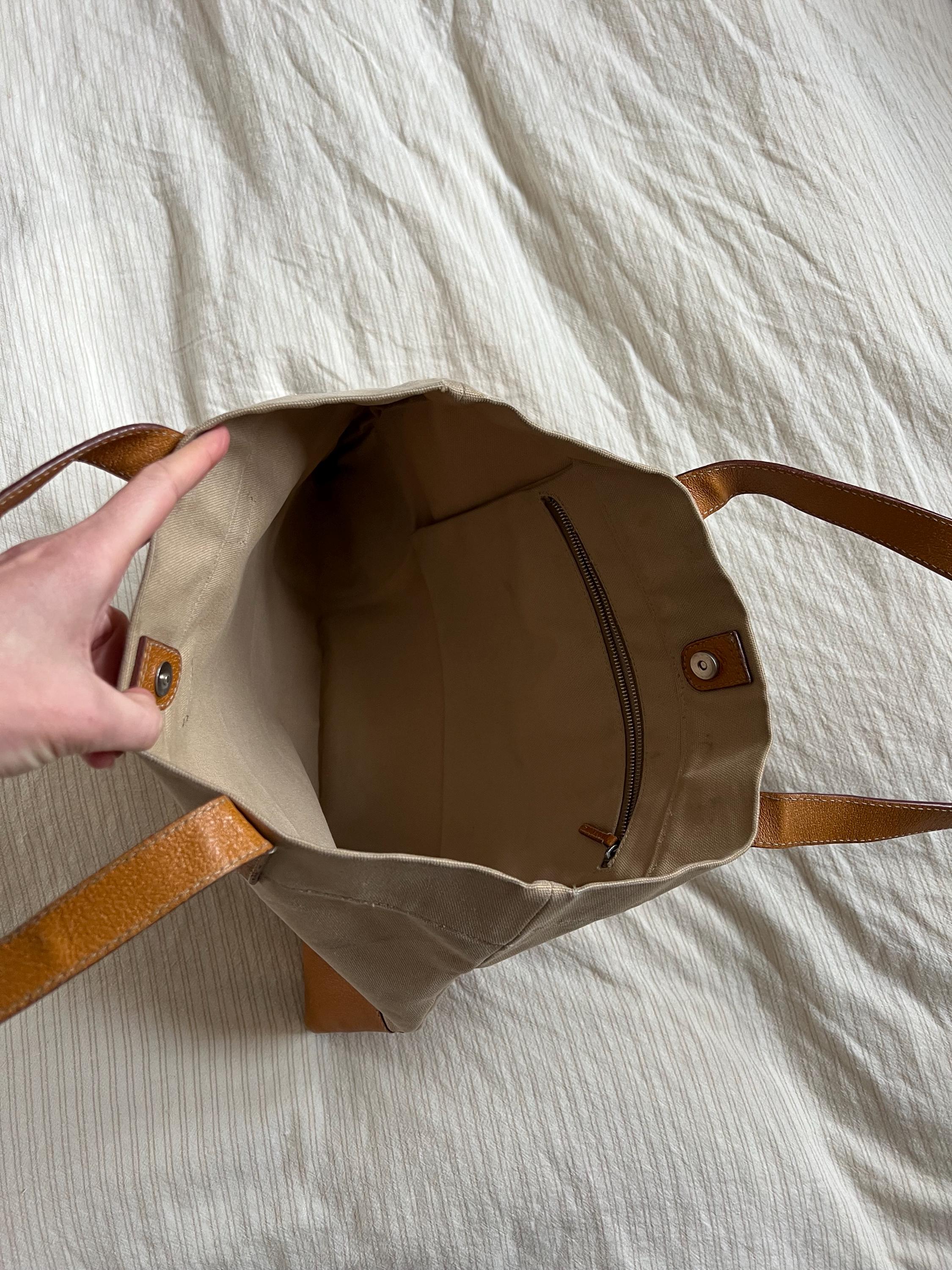 Vtg 90s PRADA Canvas Tote Bag, Prada Tan Canvas and Leather