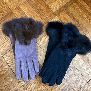 Vtg Suede & Rabbit Fur Gloves, Vintage Brown and Black Winter Gloves, Euro Chic Gloves