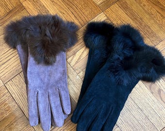 Vintage Wildleder & Kaninchenfell Handschuhe, Vintage Braun und Schwarz Winter Handschuhe, Euro Chic Handschuhe